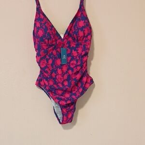 Large One Piece Swimsuit Blue Pink Floral Print Ruched Swimwear